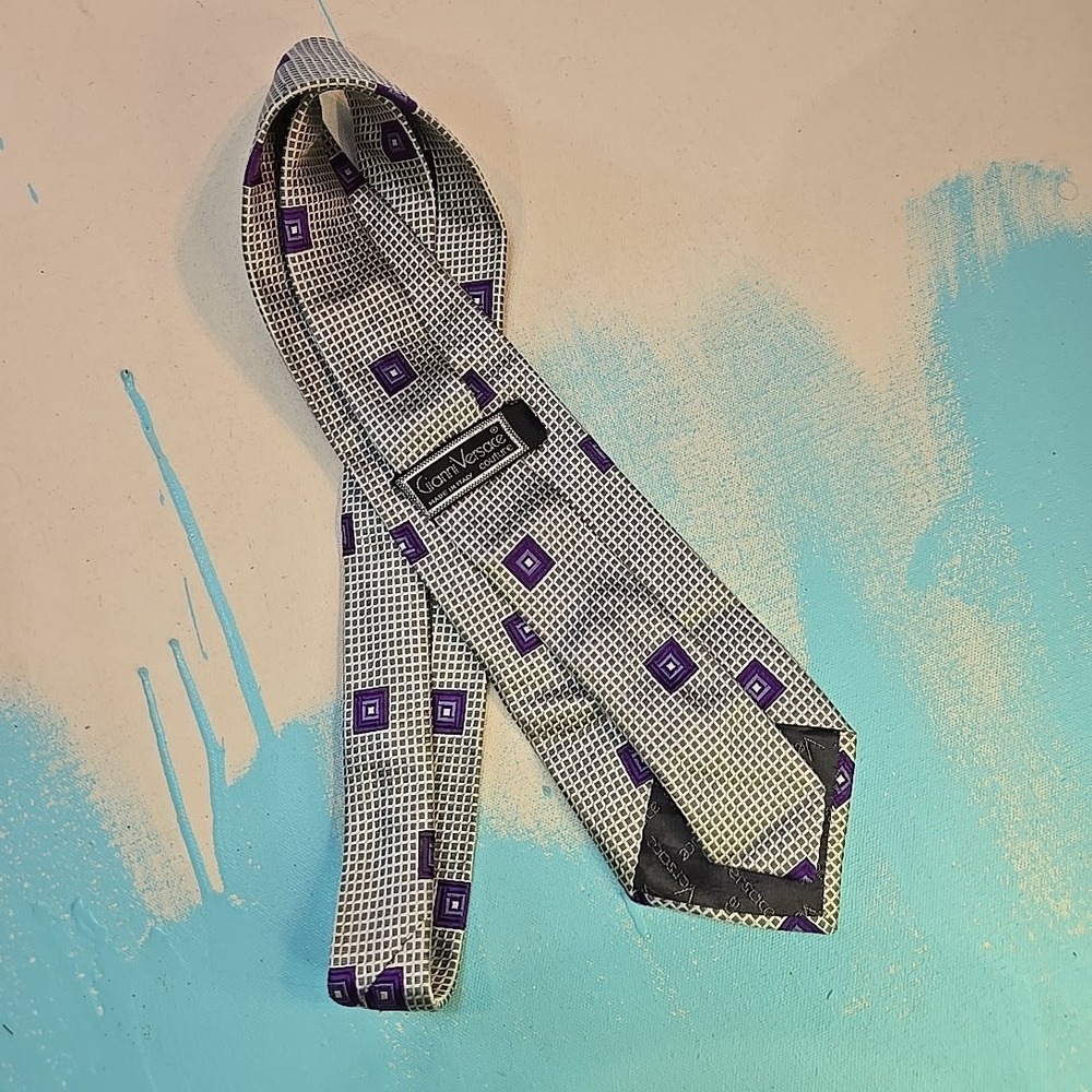 VTG Gianni Versace‎ Couture Silk Tie Geometric Purple Square Y2K 59" x 3" Italy